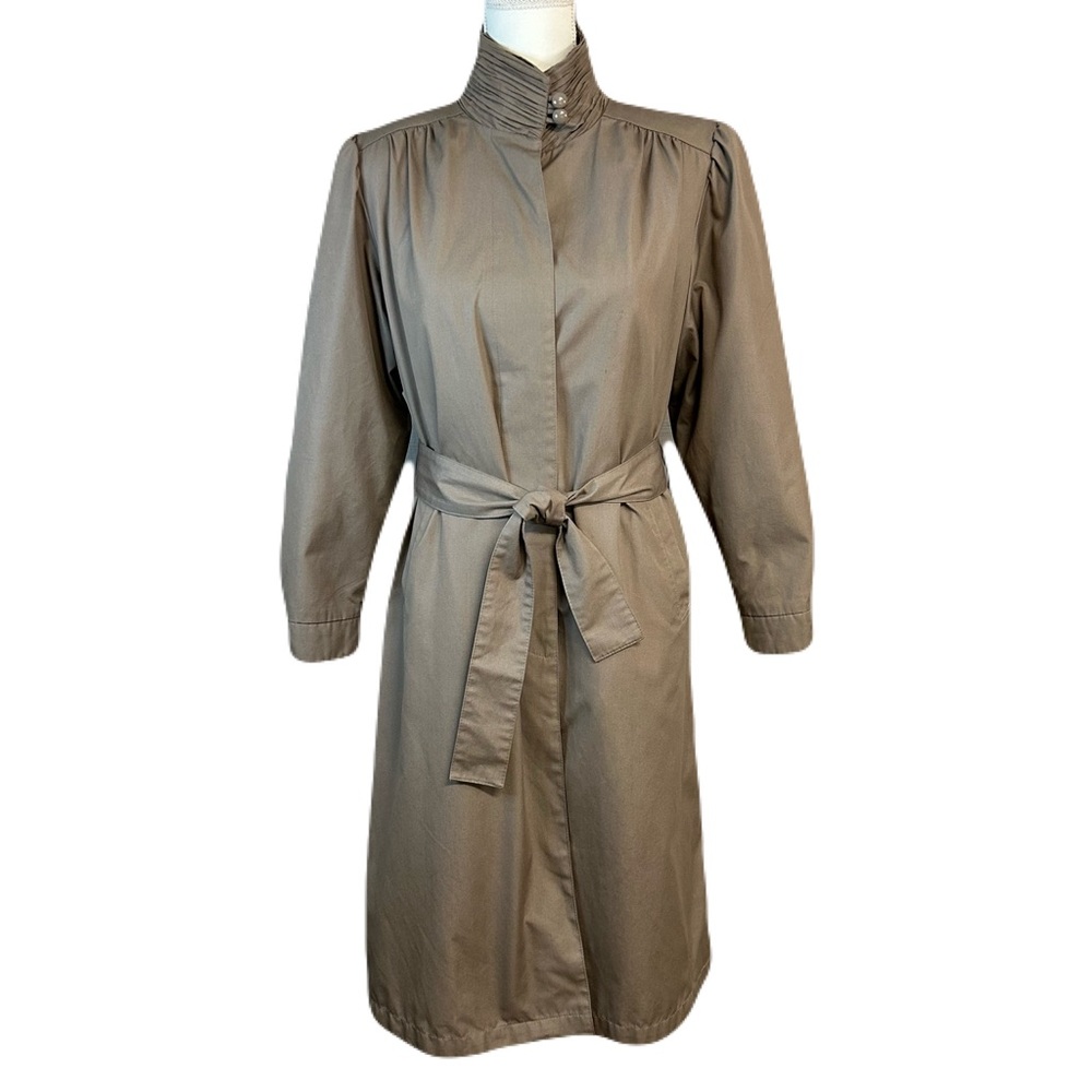 Vintage Womens Classic Longline Trench Overcoat Petite Size 10P Button Up Tan‎